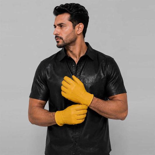 Premium yellow leather glove with soft faux fur lining for winter comfort - 3amoto shop