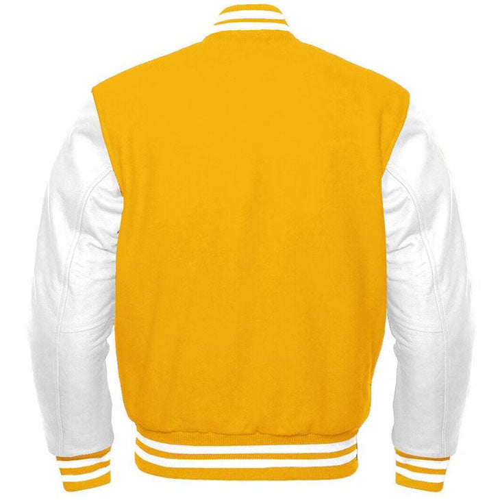 Yellow Wool & White Leather Sleeve Varsity Jacket