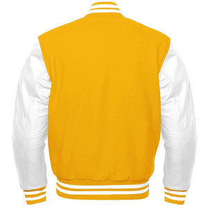 Yellow Wool & White Leather Sleeve Varsity Jacket