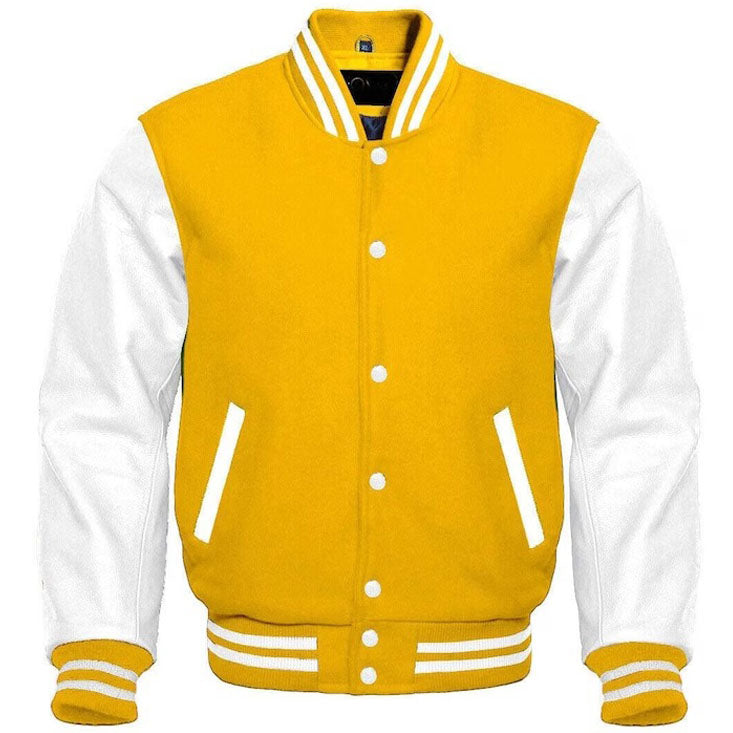 Yellow Wool & White Leather Sleeve Varsity Jacket