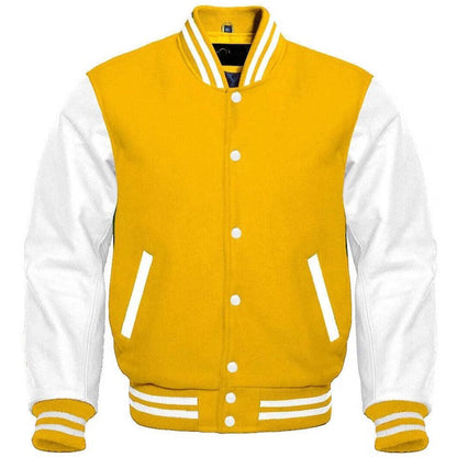 Yellow Wool & White Leather Sleeve Varsity Jacket