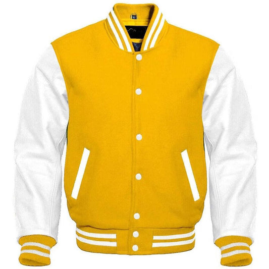 Yellow Wool & White Leather Sleeve Varsity Jacket - Fashion Leather Jackets USA - 3AMOTO