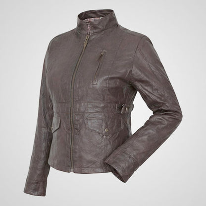 Fitted leather jacket with full front zipper closure