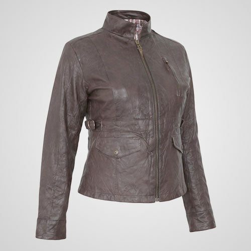 Leather motorcycle jacket with zippered chest pocket