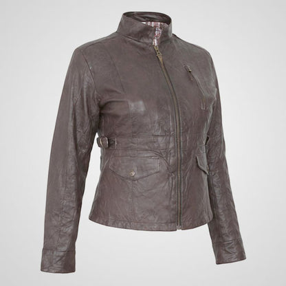 Leather motorcycle jacket with zippered chest pocket