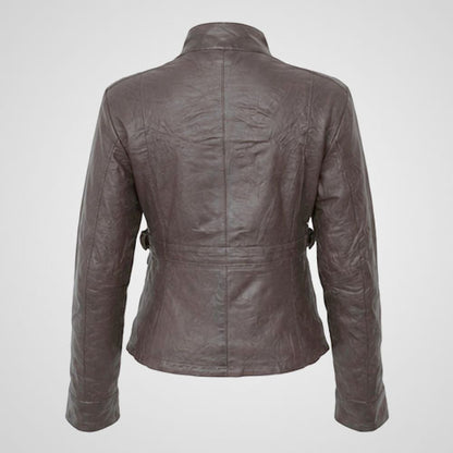 Leather jacket with flap waist pockets and long sleeves