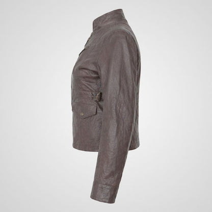 Fitted zip-up leather jacket with adjustable side tabs