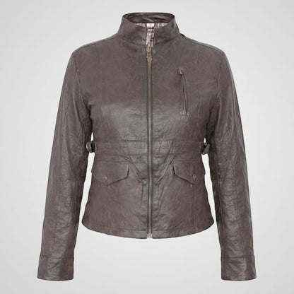 Zip-up leather motorcycle jacket with stand collar