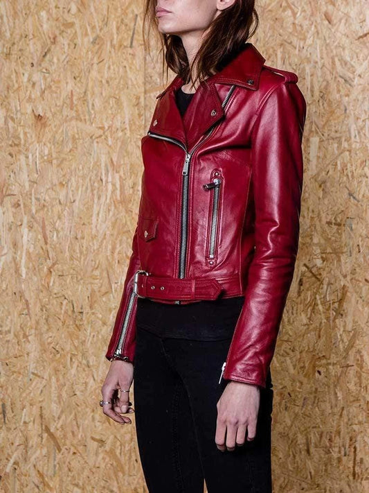 Women’s Dark Red Leather Biker Jacket - 3amoto shop