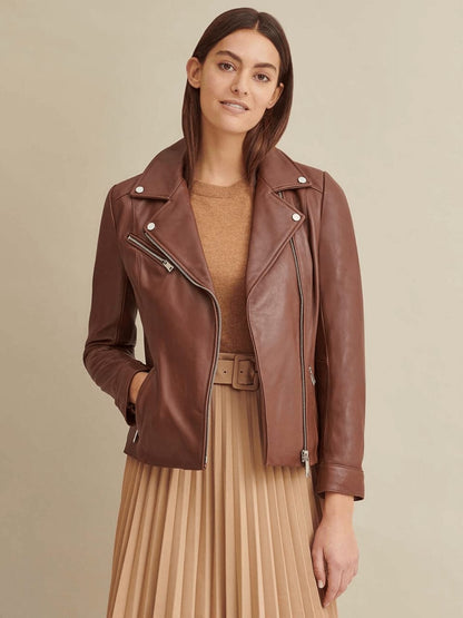 Women’s Brown Leather Biker Jacket