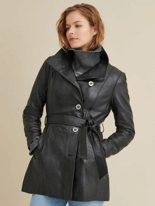 Women’s Long Black Leather Coat - Fashion Leather Jackets USA - 3AMOTO