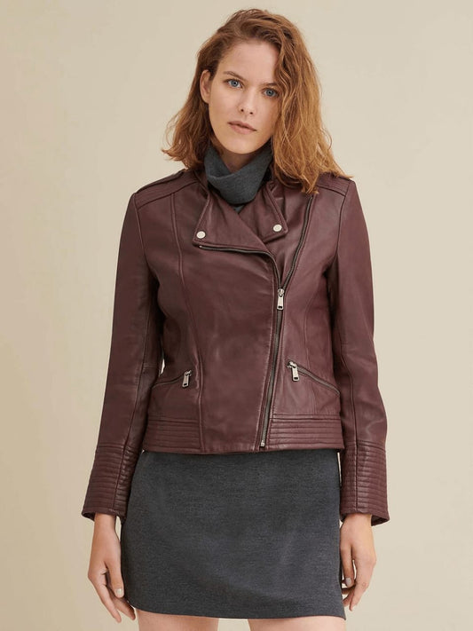 Women’s Maroon Leather Biker Jacket - Fashion Leather Jackets USA - 3AMOTO