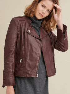 Women’s Maroon Leather Biker Jacket
