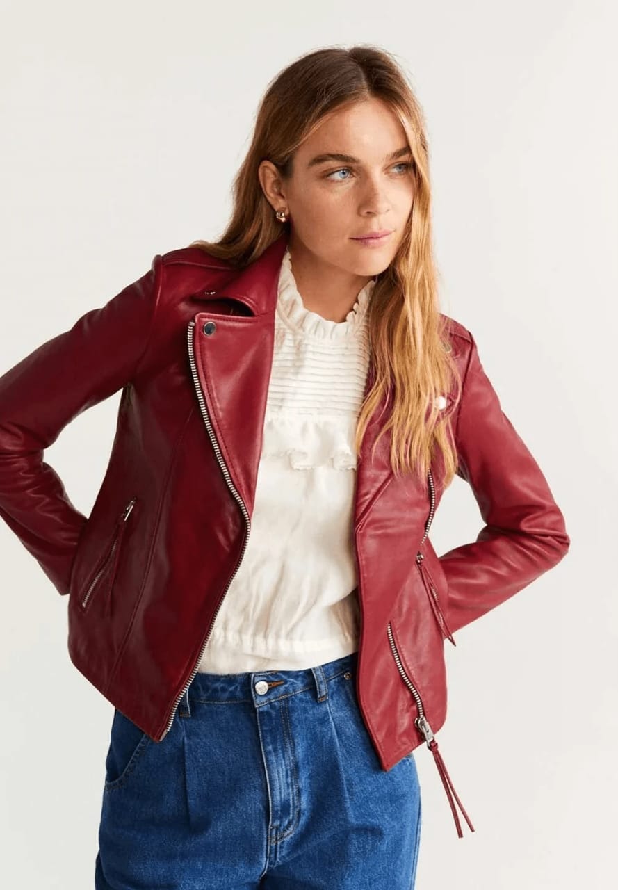 Women's red leather biker jacket