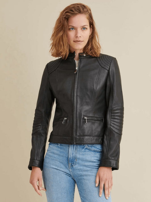 Women’s Black Genuine Leather Biker Jacket - Fashion Leather Jackets USA - 3AMOTO