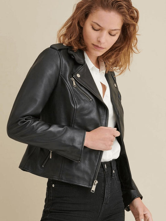 Women’s Classic Black Leather Biker Jacket - Fashion Leather Jackets USA - 3AMOTO