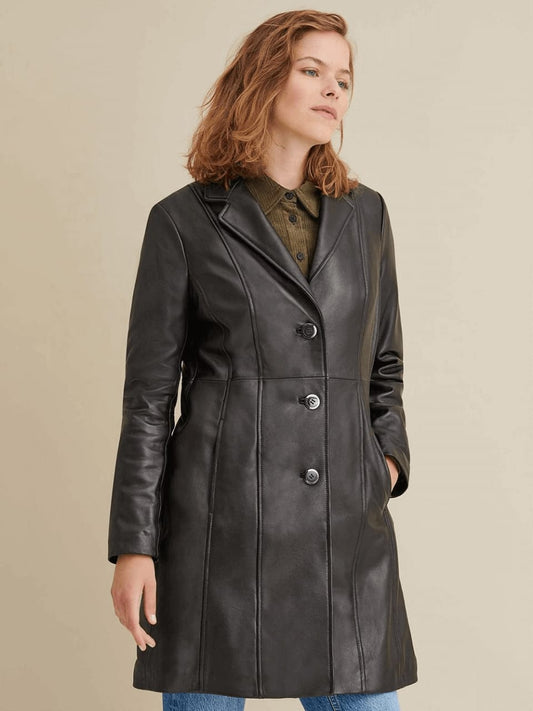 Women’s Classic Black Leather Long Trench Coat - 3amoto shop