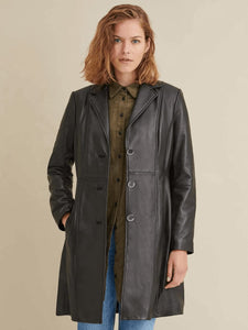 Women’s Classic Black Leather Long Trench Coat