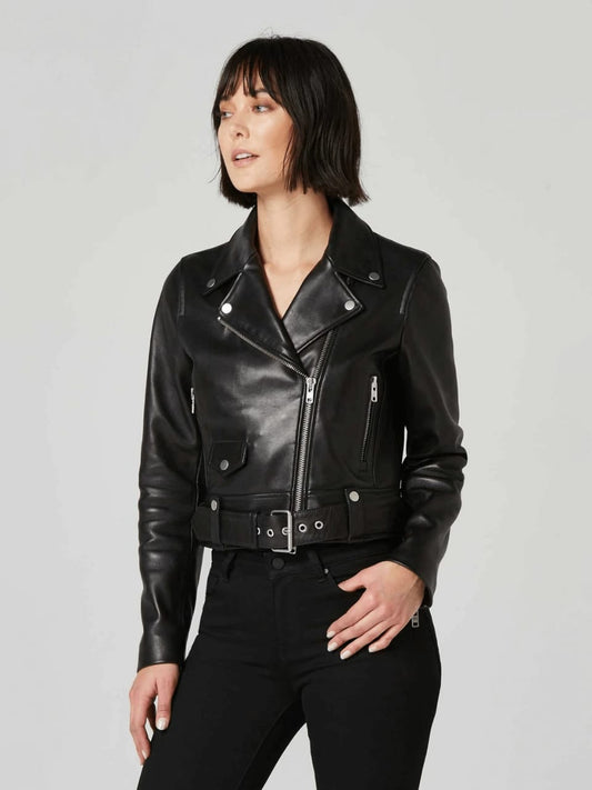 Women’s Black Leather Biker Jacket - Fashion Leather Jackets USA - 3AMOTO