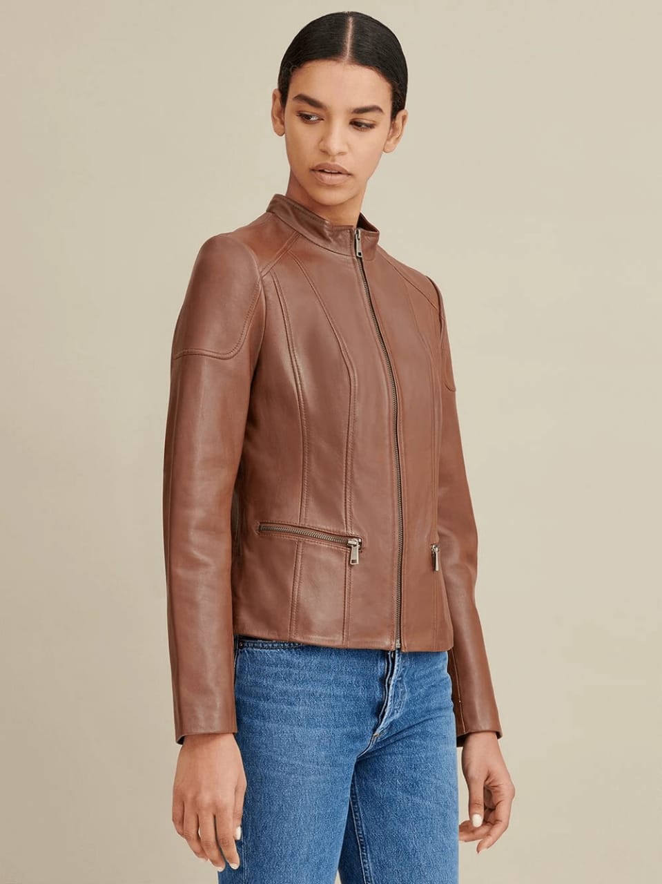 Women’s Brown Leather Biker Jacket Crew Neck