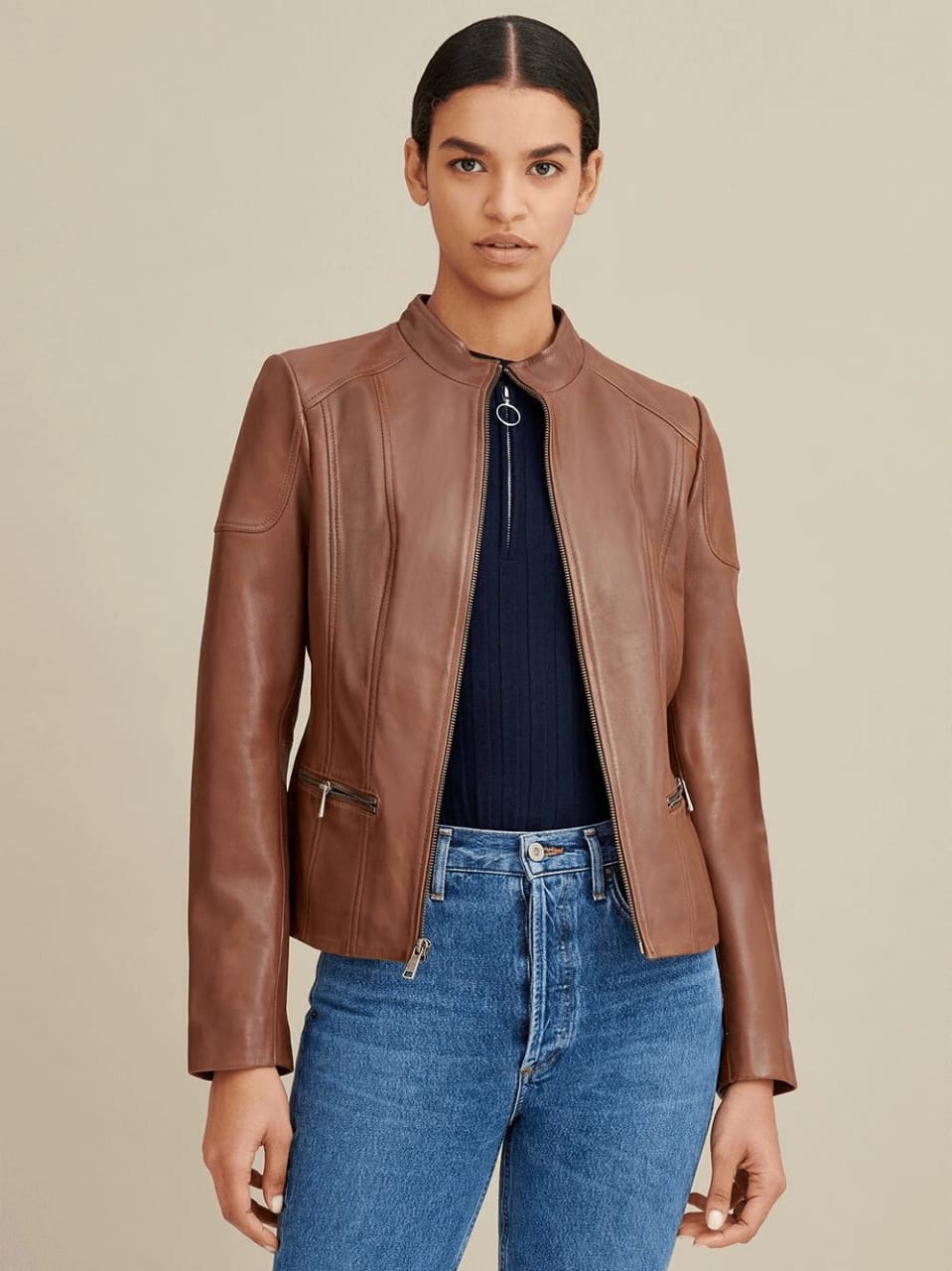 Women’s Brown Leather Biker Jacket Crew Neck