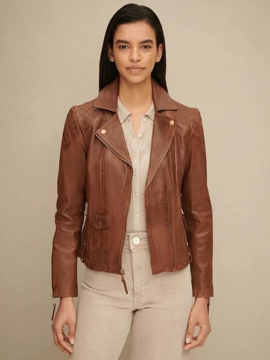 Women’s Tan Brown Leather biker jacket - Fashion Leather Jackets USA - 3AMOTO