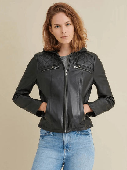 Women’s Black Leather Hooded Biker Jacket