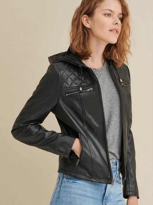Women’s Black Leather Hooded Biker Jacket - Fashion Leather Jackets USA - 3AMOTO