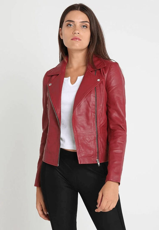 Women’s Red Sheepskin Leather Biker Jacket - Fashion Leather Jackets USA - 3AMOTO