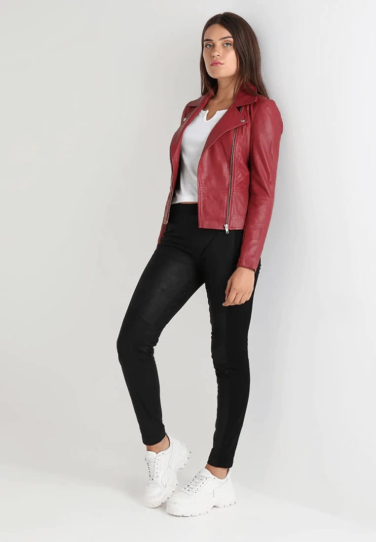 Women’s Red Sheepskin Leather Biker Jacket