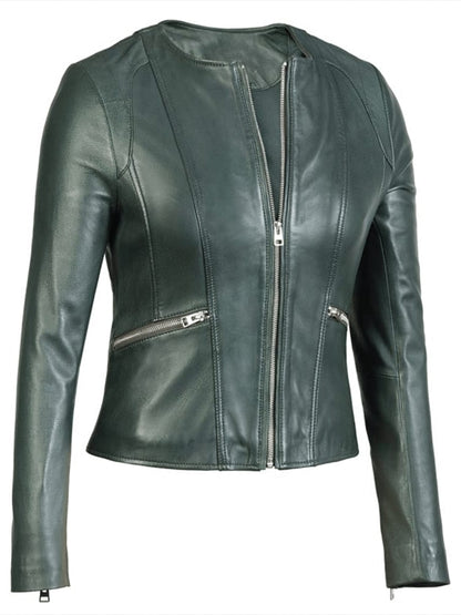 Women’s Green Leather Biker Jacket