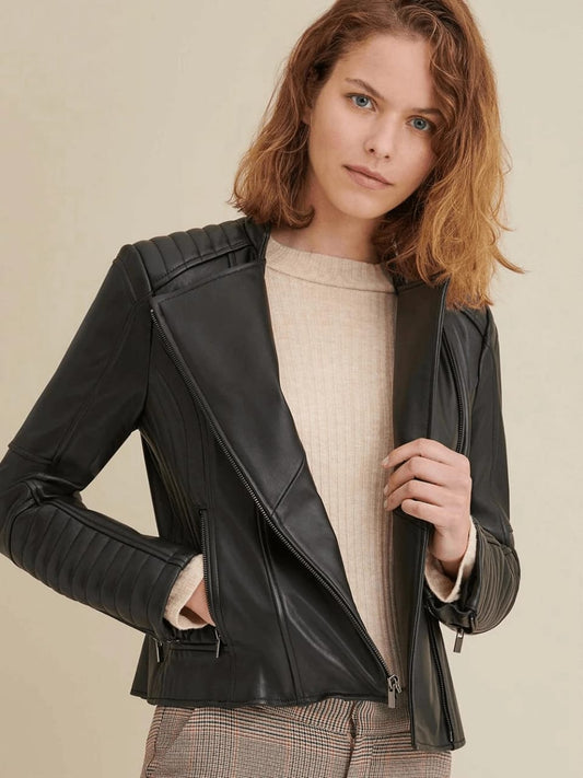 Women’s Genuine Black Leather Biker Jacket - Fashion Leather Jackets USA - 3AMOTO