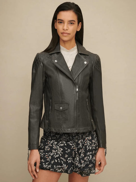Women’s Classic Black Sheepskin Leather Biker Jacket - Fashion Leather Jackets USA - 3AMOTO