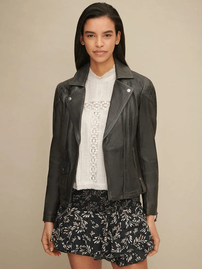 Women’s Classic Black Sheepskin Leather Biker Jacket