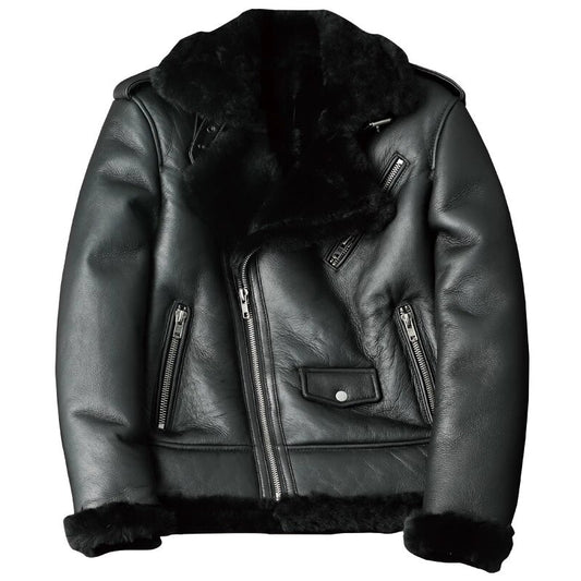 2022 New Men's Oblique Zipper Shearling Sheepksin Leather Motorcycle Jacket Fur Coat - Fashion Leather Jackets USA - 3AMOTO