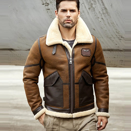 New Men 2022 B6 RAF Flight Shearling Sheepskin Leather Jacket - 3amoto shop