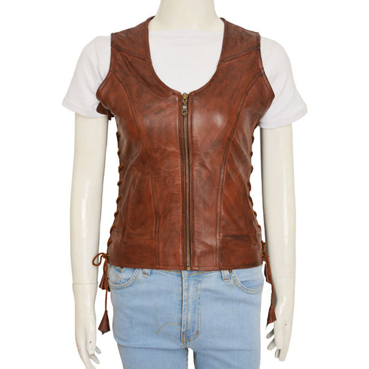 Women Brown Leather Vest - Fashion Leather Jackets USA - 3AMOTO