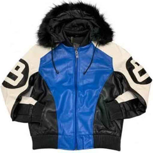 8 Ball White Black and Blue Leather Jacket Mens
