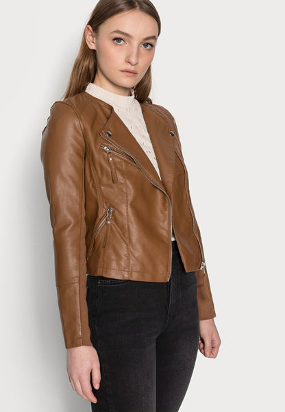 Women’s Tan Brown Genuine Leather Biker Jacket