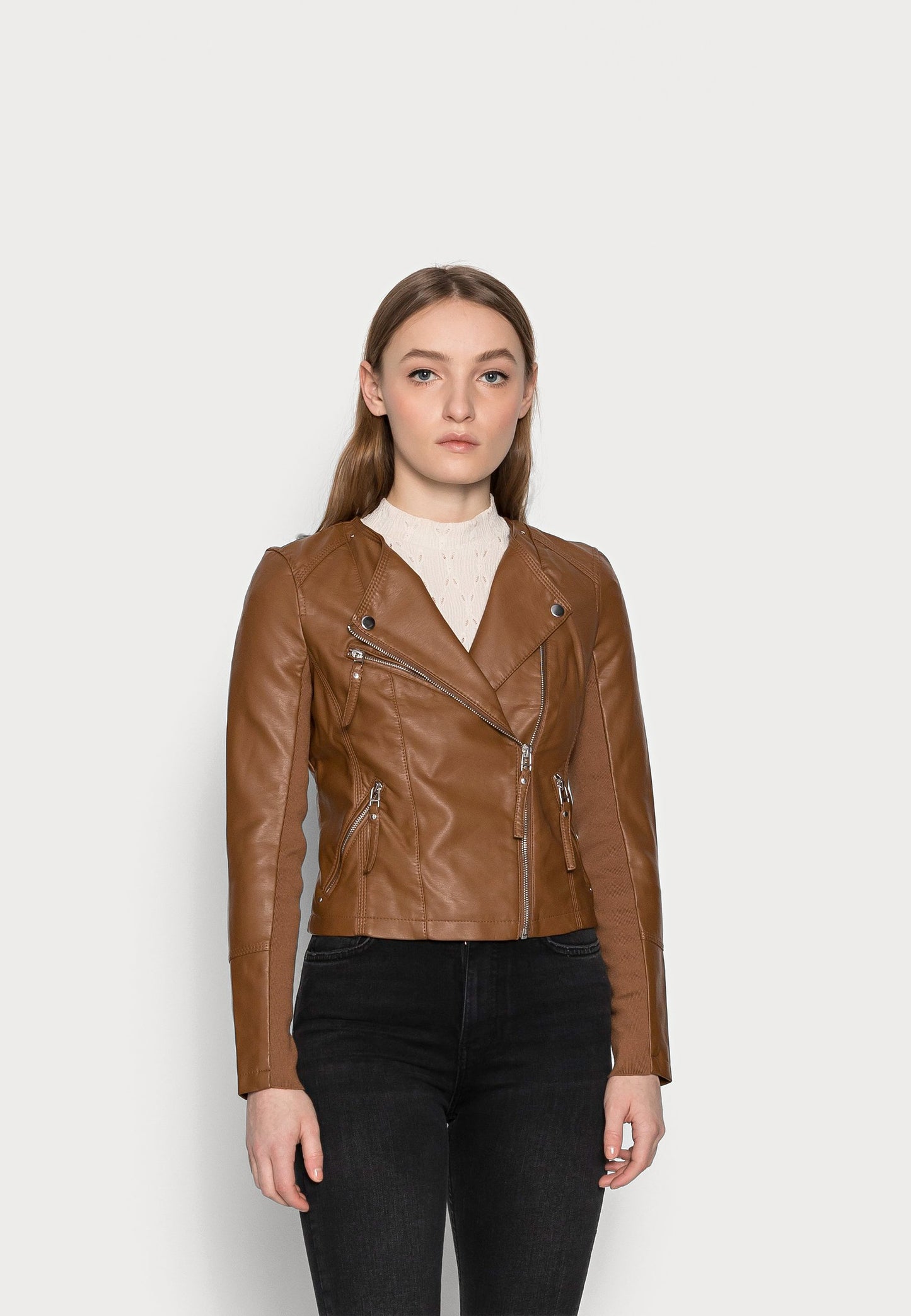 Women’s Tan Brown Genuine Leather Biker Jacket