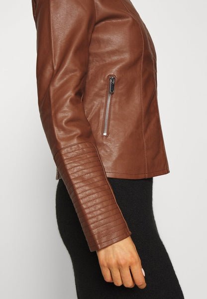 Women’s Chocolate Brown Leather Biker Jacket Ban Collar