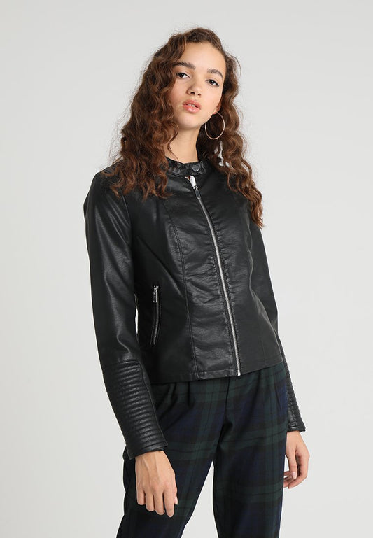 Women’s Black Leather Biker Jacket Ban Collar - Fashion Leather Jackets USA - 3AMOTO