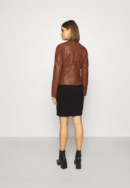 Women’s Chocolate Brown Leather Biker Jacket Ban Collar