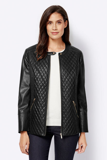 Women’s Black Leather Jacket Ban Collar