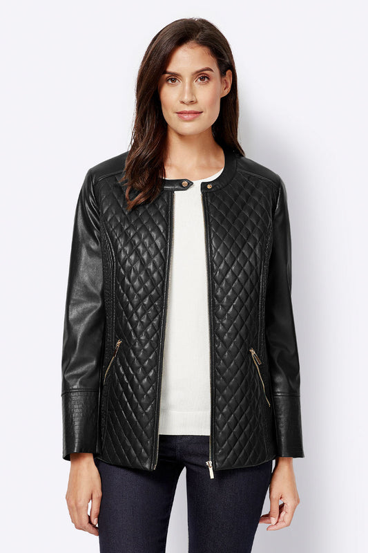 Women’s Black Leather Jacket Ban Collar - Fashion Leather Jackets USA - 3AMOTO