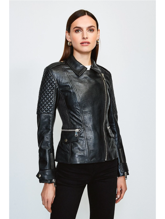 Women’s Black Genuine Sheepskin Leather Biker Jacket - Fashion Leather Jackets USA - 3AMOTO
