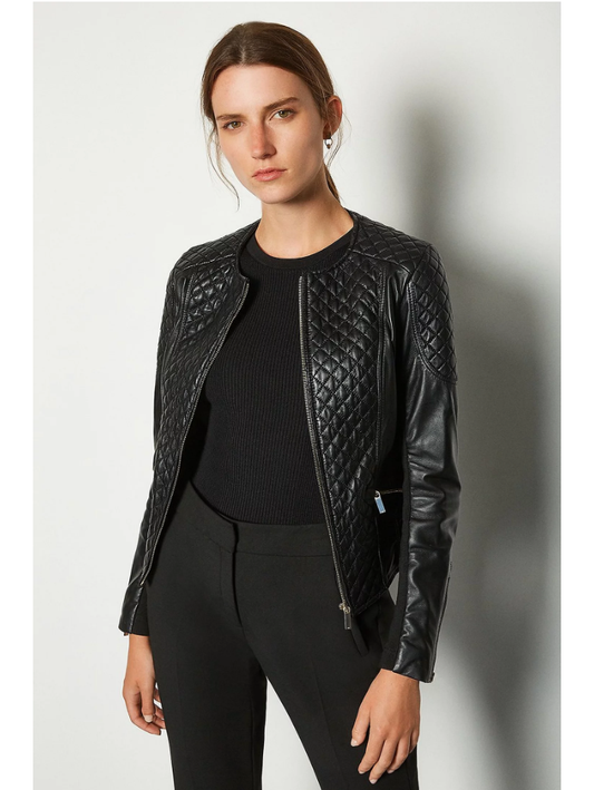 WOMEN’S BLACK LEATHER BIKER JACKET CREW NECK - Fashion Leather Jackets USA - 3AMOTO