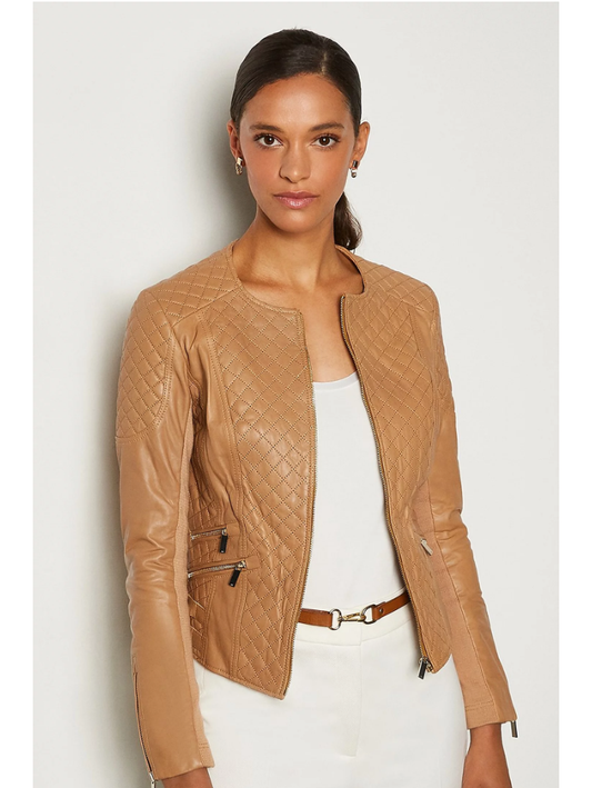 WOMEN’S TAN BEIGE LEATHER BIKER JACKET - 3amoto shop