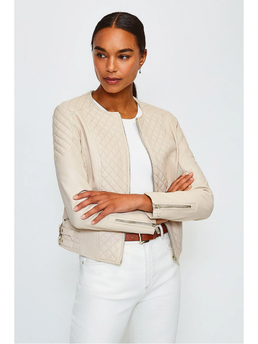 WOMEN’S BEIGE CREAM LEATHER BIKER JACKET - 3amoto shop