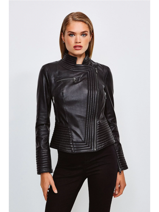 Women’s Sheepskin Black Leather Biker Jacket - Fashion Leather Jackets USA - 3AMOTO